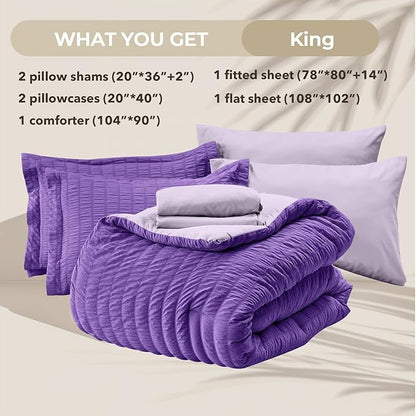 HYMOKEGE Dark Purple/Lavender King Size Comforter Set Seersucker 7 Pieces, All Season Luxury Bed in a Bag for Bedroom, Bedding Set with Comforter, Sheets, Pillowcases & Shams