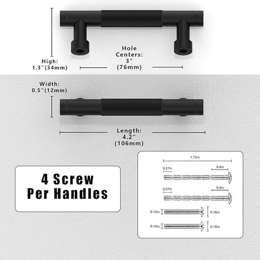 10 Pack Matte Black Knurled Cabinet Pulls 3 Inch(76mm) Kitchen Cabinet Handles Solid Zinc Alloy Cabinet Hardware Drawer Pulls
