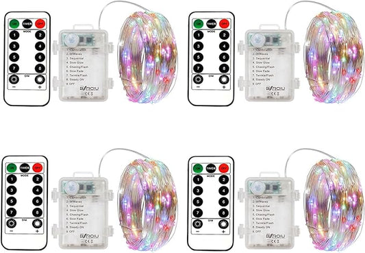 4 x Fairy Lights Battery Operated 8 Lighting Modes,50LEDs,16.4Ft/5 Meters Silver Wire String Lights,Timer Function,and Remote Control.for Christmas,Party,Wedding,Decorative Lighting