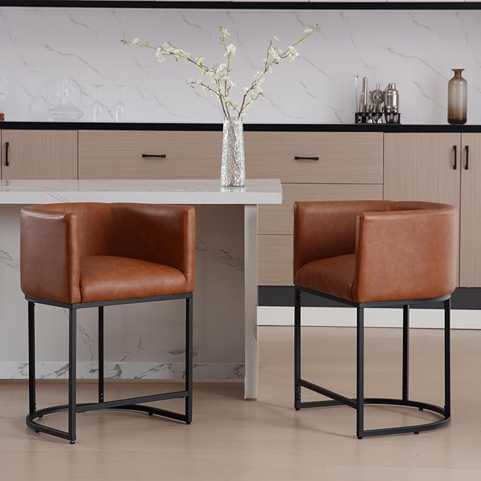 Modern Counter Height PU Leather Upholstered Bar Stools Set of 3, 24" Kitchen Counter Island Stools Bar Chairs with Black Metal Frame, Brown