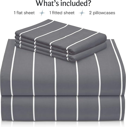 LuxClub 4 PC King Size Sheet Set Bed Sheets, Breathable Luxury Deep Pockets Wrinkle Free Cooling Sheets Machine Washable Hotel Bedding (King, Striped Light Grey)