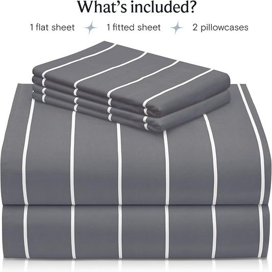 LuxClub 4 PC Queen Size Sheet Set Bed Sheets, Breathable Luxury Deep Pockets 16" Wrinkle Free Cooling Sheets Machine Washable Hotel Bedding (Queen, Striped Light Grey)