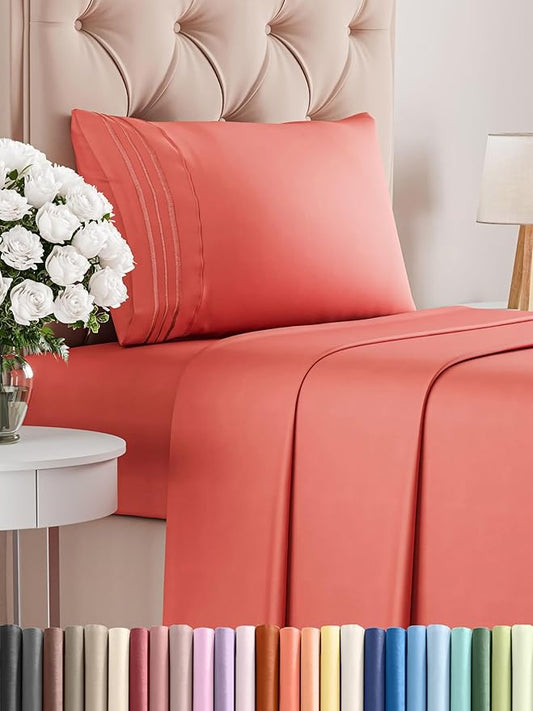 Twin XL Size 3 Piece Sheet Set - Comfy Breathable & Cooling Bed Sheets Set - Hotel Luxury Bedding for Women, Men, Kids, Teens, Boys & Girls - Deep Pockets, Ultra-Soft, Wrinkle Free - Oeko-Tex - Coral