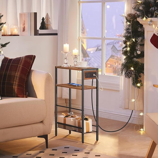 HOOBRO Small Narrow Side Table with Charging Station Set of 2, Skinny End Table for Small Spaces, Slim Nightstand with USB Ports Outlet, Sofa Beside Table with Storage Shelf BF102UBZP201