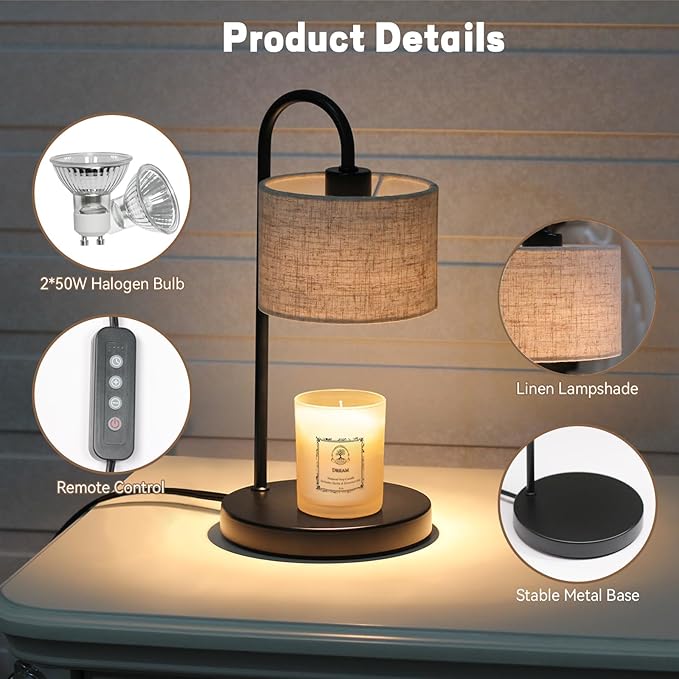 Candle Warmer Lamp with Timer, Dimmable Candle Wax Warmer Electric Candle Lamp for Scented Candles with 2 Bulbs, House Warming Gifts Brithday Gifts for Women Bedroom Home Decor - Linen