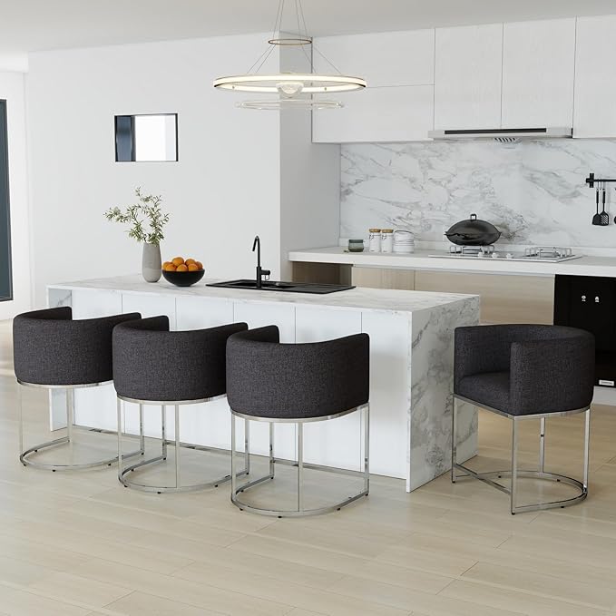Modern Counter Height Linen Upholstered Bar Stools Set of 4, 24" Kitchen Counter Island Stools Bar Chairs with Chrome Finish Metal Frame for Kitchen Island, Charcoal