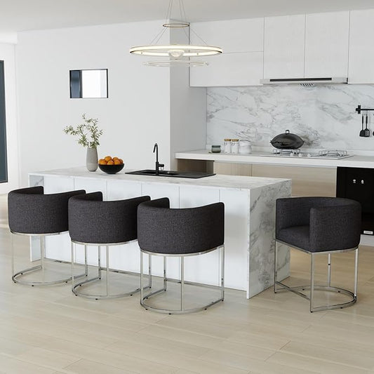 Modern Counter Height Linen Upholstered Bar Stools Set of 4, 24" Kitchen Counter Island Stools Bar Chairs with Chrome Finish Metal Frame for Kitchen Island, Charcoal