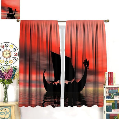 Viking Ship Curtains, Fantasy Ocean Vintage Sailboat at Sundown Nautical Themed Print Blackout Window Treatments for Boys Bedroom Living Room 63x63in