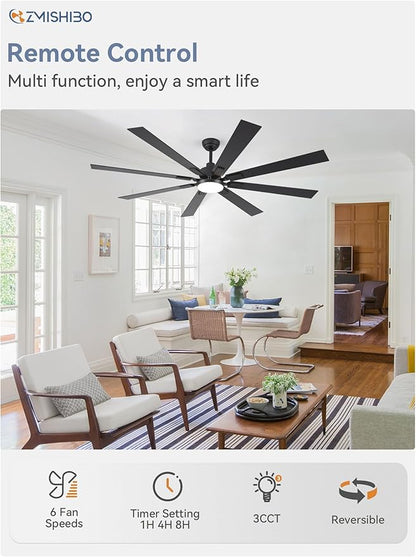 ZMISHIBO 72 inch Large Ceiling Fans with Lights and Remote, Indoor/Outdoor Black Modern Ceiling Fan for Kitchen Living Room Patio, 6 Speed Reversible Quiet DC Motor, 3 CCT, Dual Finish 8 Blades