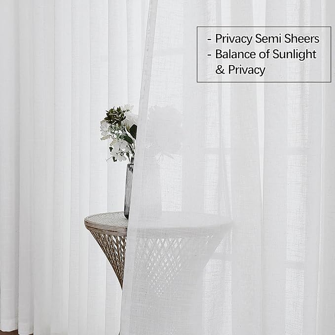 White Sheer Linen Pinch Pleated Sliding Door Curtains, 2x50 Inches Width, Cotton Look Light Filtering Drapes 96 Inches Long, Soft Textured Modern Farmhouse Window Curtain Panels