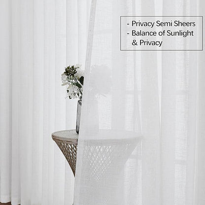 White Sheer Curtains 90 Inches Long, Cotton Linen Textured Light Filtering Drapes, Privacy Living Room Bedroom Window Decor, Rustic Semi-Transparent Pinch Pleat Curtain with Hooks