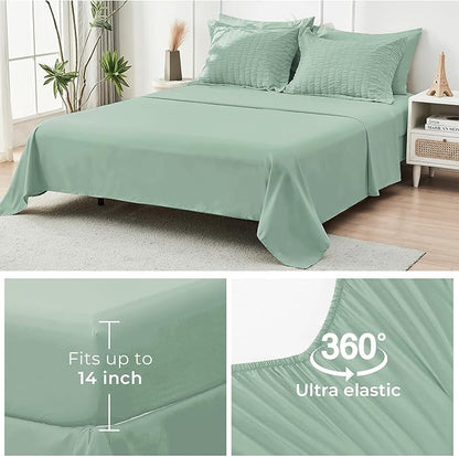 HYMOKEGE Sage Green Full Size Comforter Sets Seersucker 7 Pieces, All Season Luxury Bed in a Bag for Bedroom, Bedding Set with Comforters, Sheets, Pillowcases & Shams