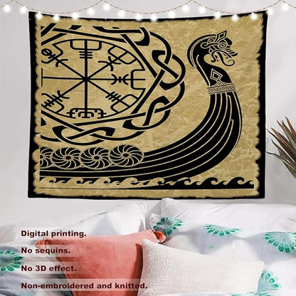 Batmerry Vikings Ancient Scandinavian Tapestry, Warship Boat Old Ancient Sea Wall Art Hanging Decoration Polyester Fiber White Ruffled Around for Dorm Room Bedroom Living Room, 59.1x82.7 inches