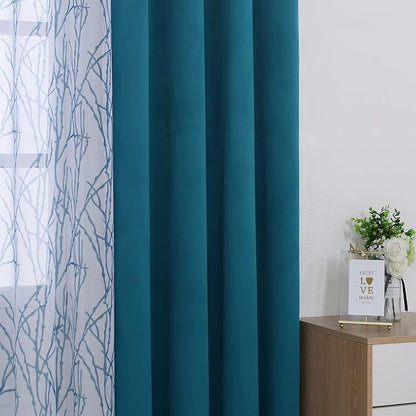 BONZER Mix and Match Curtains - 2 Pieces Branch Print Sheer Curtains and 2 Pieces Blackout Curtains for Bedroom Living Room Grommet Window Drapes, 37x84 Inch/Panel, Teal, Set of 4 Panels