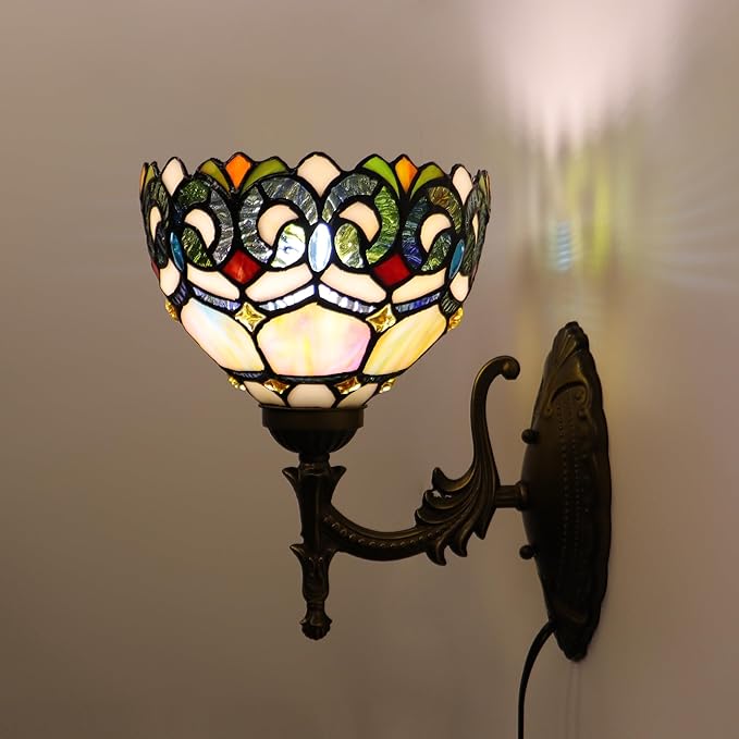 Tiffany Sconce Lamp Stained Glass Wall Lamp,8X10.5X11 Inch Plug in Wall Bedside Light for Hallway Bedroom (Seven Color Baroque)
