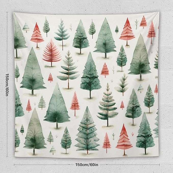 MaSiledy Tapestry Vintage Christmas Tree Watercolor Tapestry Aesthetic Winter Christmas Wall Tapestries Wall Hanging Decor Tapestry for Bedroom Aesthetic Alt Room Landscape 60"x60"