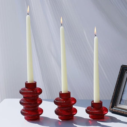 VOHO 12pcs Ribbed Taper Candle Holders for Table Centerpiece, Romantic Red Glass Candle Holder for Anniversary Wedding Decor, Double-Sided Red Tapered Candlestick Holders for Tealight & Taper Candles