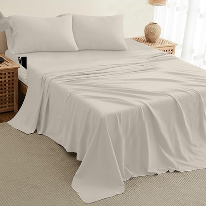 DREAMCARE Queen Sheet Set – 4 pcs Cooling Sheets – up to 21” Extra Deep Pocket Queen Sheets – Hotel Luxury Sheets & Pillowcases – Superior Softness 100% Fine Microfiber with Side Pocket – Ivory