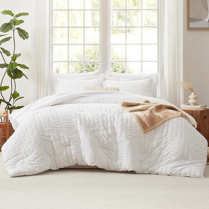 CozyLux Twin XL Seersucker Comforter Set with Sheets White 5 Pieces Bed in a Bag Twin Extra Long Luxury Soft Bedding Sets for College Dorm with Down Alternative Comforter, Sheets, Pillowcase & Sham