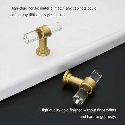 LONTAN 20 Pack Acrylic Kitchen Cabinet Knobs Gold Drawer Knobs Modern T Bar Clear Cabinet Door Handles White Kitchen Hardware for Dresser Bathroom,Zinc Alloy Base