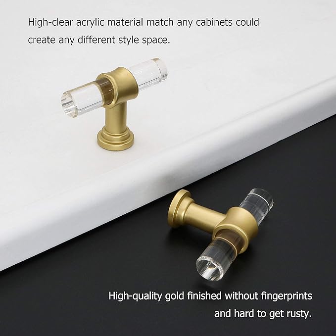 LONTAN 50 Pack Acrylic Kitchen Cabinet Knobs Gold Drawer Knobs Modern T Bar Clear Cabinet Door Handles White Kitchen Hardware for Dresser Bathroom,Zinc Alloy Base