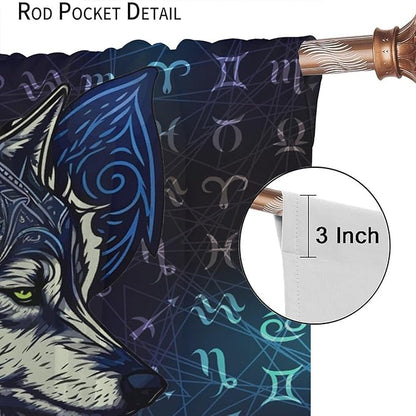 Viking Wolf Curtains Blue Rune Nordic Gothic Animal Curtains Dark Ancient Totem Mythological Pattern Printed Curtains Boys Bedroom Living Room Decoration Blackout Curtains W63 * L63 Inch