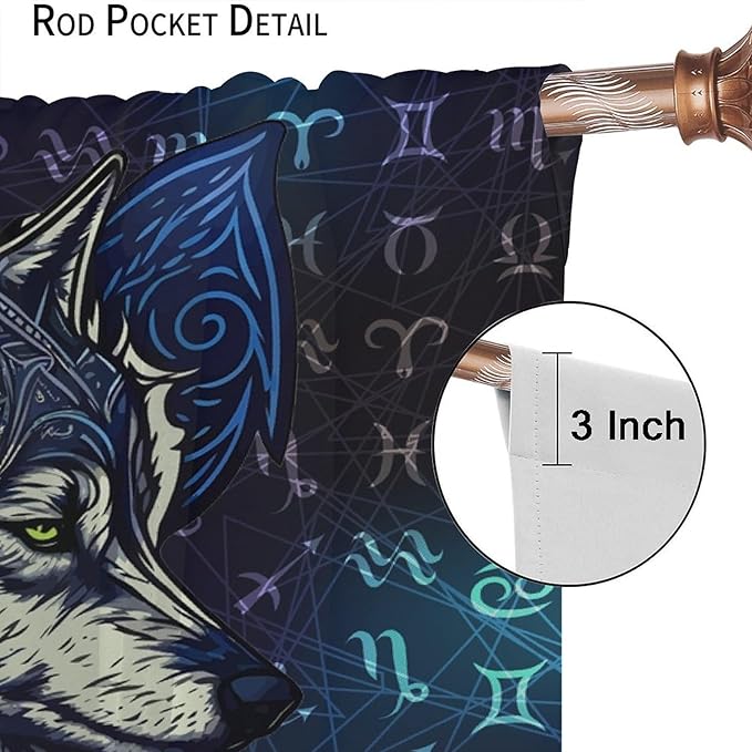 Viking Wolf Curtains Blue Rune Nordic Gothic Animal Curtains Dark Ancient Totem Mythological Pattern Printed Curtains Boys Bedroom Living Room Decoration Blackout Curtains W52 * L84 Inch