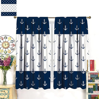 Anchor Pattern Curtains, Nautical Theme Navy Blue White Anchor Sea Life Adventure Print Blackout Window Treatments for Living Room Boys Men's Bedroom 84x84in