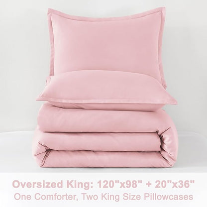 Litanika Comforters Pink Oversized King Size, 3 Pieces Lightweight Solid Bedding Set & Collections, All Season Fluffy Bed Set (120x98In Comforter & 2 Pillowcases)
