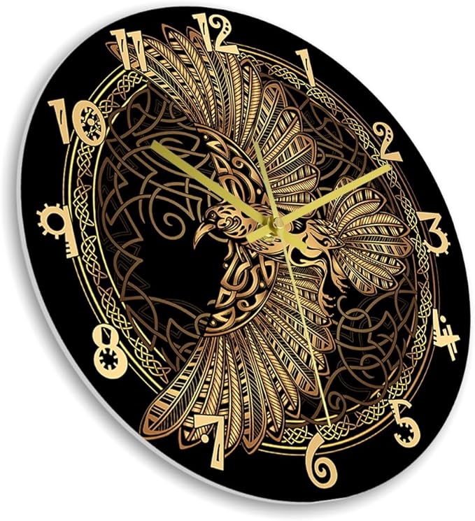 15 Inch Scandinavian Tattoo Odin's Celtic Raven Wall Clock, Norse Viking Man Cave Wall Clock Runic Symbols Crow Vintage Decorative Silent Non Ticking Battery Wall Watch Clock for Living Room