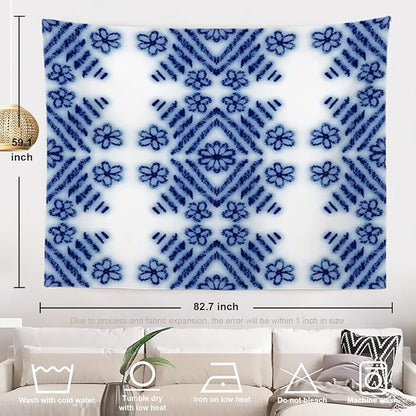 Batmerry Blue Art Flower Tapestry, Blue White Ceramic Glaze Tie Dye Wall Art Hanging Decoration Polyester Fiber White Ruffled Around for Dorm Room Bedroom Living Room, 59.1x82.7 inches