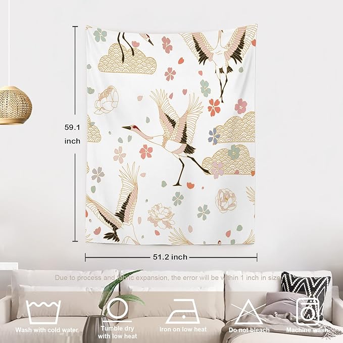 Batmerry White and Gold Japanese Tapestry,Rustic Wall Art Hanging Decoration Polyester Fiber White Ruffled Around for Dorm Room Bedroom Living Room, 59.1x51.2 inches