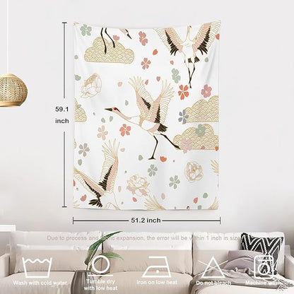Batmerry White and Gold Japanese Tapestry,Rustic Wall Art Hanging Decoration Polyester Fiber White Ruffled Around for Dorm Room Bedroom Living Room, 59.1x51.2 inches