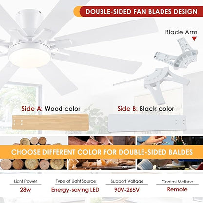Ceiling Fans with Lights- 52" Low Profile Indoor Ceiling Fan with Light and Remote/APP Control, 8 Blade,Flush Mount, LED Dimmable DC Reversible Modern Ceiling Fan for Bedroom（White）