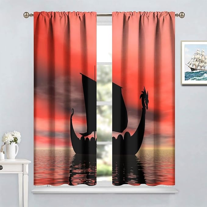 Viking Ship Curtains, Fantasy Ocean Vintage Sailboat at Sundown Nautical Themed Print Blackout Window Treatments for Boys Bedroom Living Room 63x72in