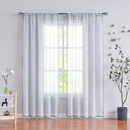 Treatmentex Pom-Pom Grey Sheer Curtains for Canopy in Girls Bedroom 84inches Long Linen Textured Sheer Drapes for Windows 2 pc