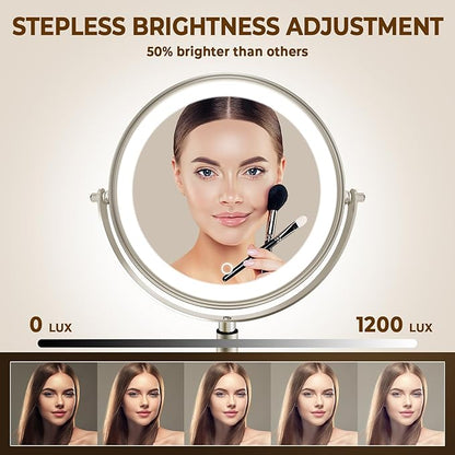 8" Wall Mounted Lighted Makeup Mirror, 3000mAh Rechargeable Double Sided 1X/10X Magnifying Mirror with Hook, 3 Color Lights Touch Dimmable 360° Rotation Vanity Mirror for Bathroom