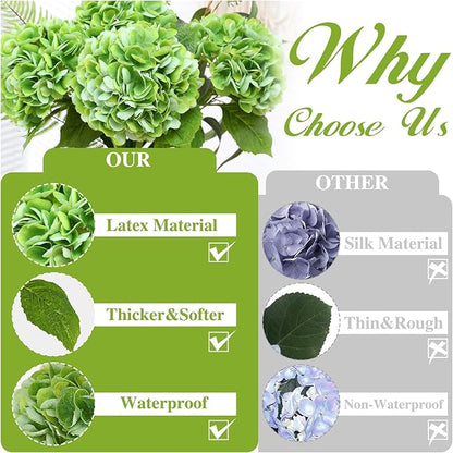 Nubry 22.44In Green Hydrangea Artificial Flowers,4Pcs Latex Faux Real Touch Large Hydrangea Flowers with Long Stems & Leaves for Home Office Decor Wedding Party Arrangements(Green)