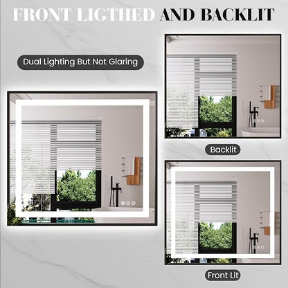 LED Bathroom Mirror,40"x32" Mirror with Black Frame, Front Light and Backlit, Stepless Dimmable, Anti-Fog, Shatter-Proof, Memory, 3 Colors, LED Vanity Mirror
