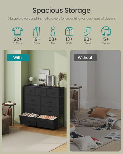 SONGMICS Dresser for Bedroom, Chest of Drawers, Steel, MDF, 9 Non-Woven Fabric Drawers, Storage Organizer Unit, Closet, Entryway, Ink Black and Ebony Black LGS324B01S