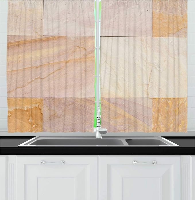 Lunarable Architecture Kitchen Curtains, Continuing Design of Sandstone Design Geometric Rectangles, Window Drapes 2 Panel Set for Kitchen Cafe Decor, 55" X 39", Almond Eggshell and Pale Tan