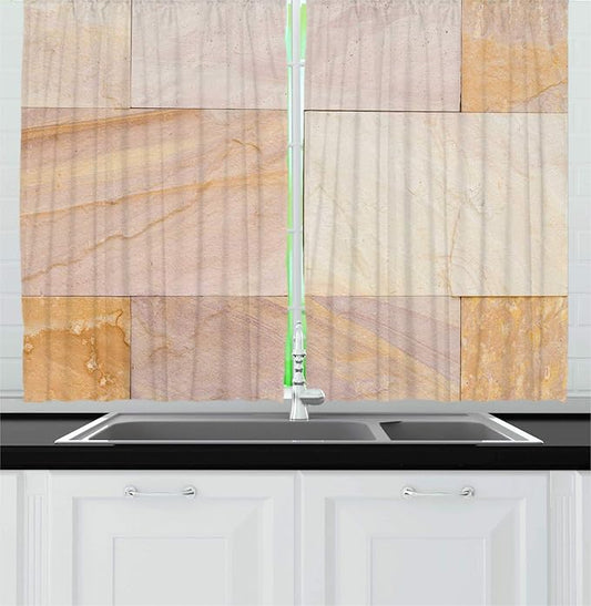 Lunarable Architecture Kitchen Curtains, Continuing Design of Sandstone Design Geometric Rectangles, Window Drapes 2 Panel Set for Kitchen Cafe Decor, 55" X 39", Almond Eggshell and Pale Tan