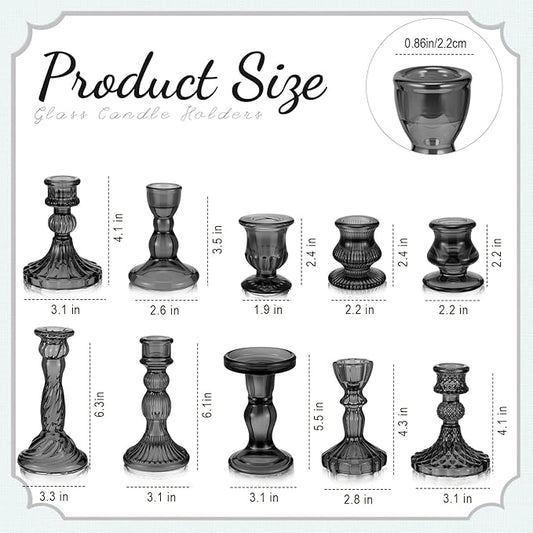 Mumufy 10 Pcs Glass Crystal Taper Candle Holders Clear Glass Candlestick Holder Fit 0.8 Inch Candles Crystal Decorative Candle Stand Centerpiece Table Wedding Dining Party (Classic,Black)