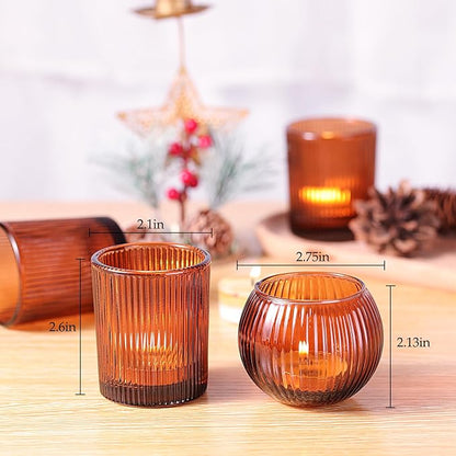 Amber Votive Candle Holders Set of 10, Round Amber Candle Holders Bulk for Tea Light Candle, Fall Centerpieces for Tables, Ribbed Candle Votives for Wedding, Various Parties & Vintage Decor & Gift
