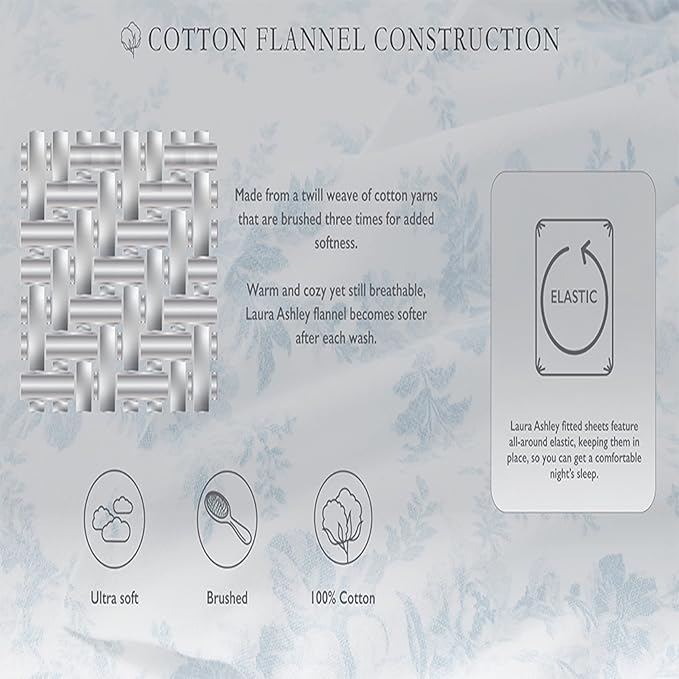 Laura Ashley - Flannel Sheets Full Size, Anti-Pilling & Wrinkle Resistant Cotton, Touchably Soft for All-Season Comfort - Bed Sheets with Matching Pillowcases & Fitted Sheet (Rosalie Grey)