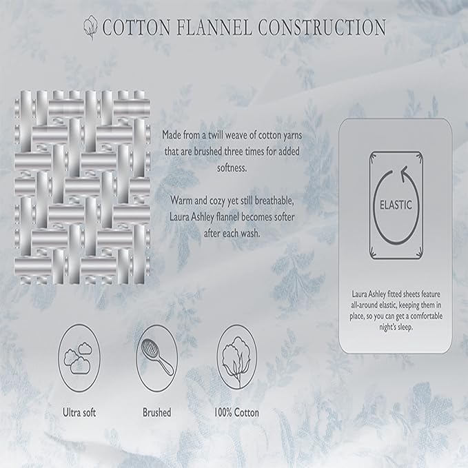 Laura Ashley - Flannel Sheets King Size, Anti-Pilling & Wrinkle Resistant Cotton, Touchably Soft for All-Season Comfort - Bed Sheets with Matching Pillowcases & Fitted Sheet (Vanessa Blue)