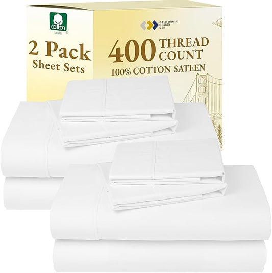 California Design Den 2-Pack 100% Cotton King Size Sheets Set 400 Thread Count Sateen - Extra Soft, Breathable & Cooling Sheets, Wrinkle Resistant, 2 Sets of Deep Pocket Bed Sheets - Antique White