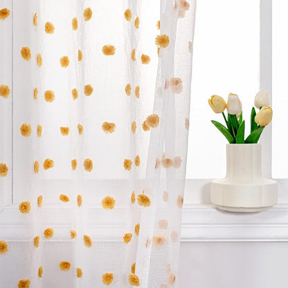 MYSKY HOME Burnt Orange Pom Pom Curtains for Bedroom, Small Windows, Light Filtering, White Sheer, Short Cafe, Bathroom Privacy, Rod Pocket, 52 x 45 inch, 2 Panels