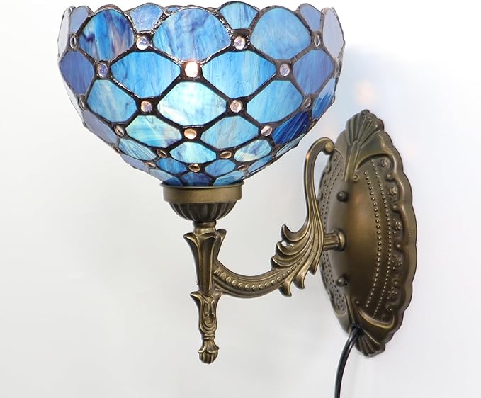 Tiffany Sconce Lamp Stained Glass Wall Lamp,8X10.5X11 Inch Plug in Wall Bedside Light for Hallway Bedroom (Blue Beads)