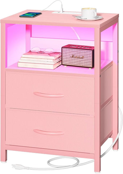 Yoobure Nightstand with Charging Station, LED Night Stand with Fabric Drawers and Storage Shelf for Bedroom, Nightstands Bedside Tables with USB Ports & Outlets, Small Night Stands, Bed Side Table